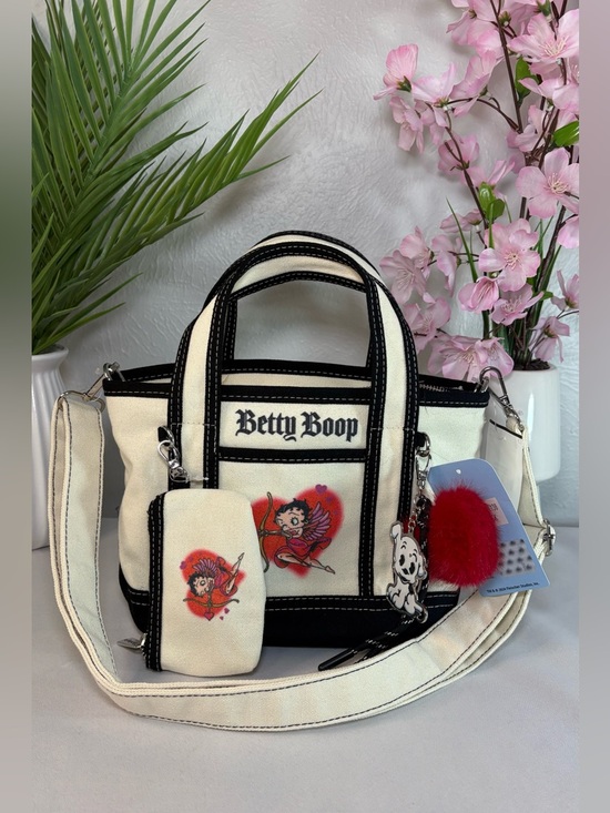 Betty Boop Handbags - Betty Boop Cream, Black & Red mini Tote with Pom  and doggy charm